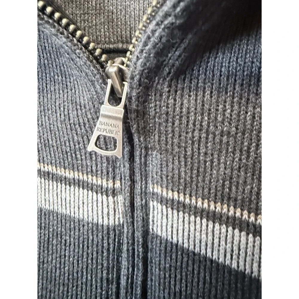 Banana Republic Sweater Large Black Gray Stripe 1/4 Zip Cotton Blend